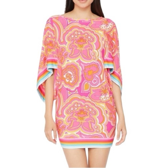 Trina Turk Morning Sunrise pink 70s inspired print Swim Cover Tunic Kaftan dress - Picture 2 of 14
